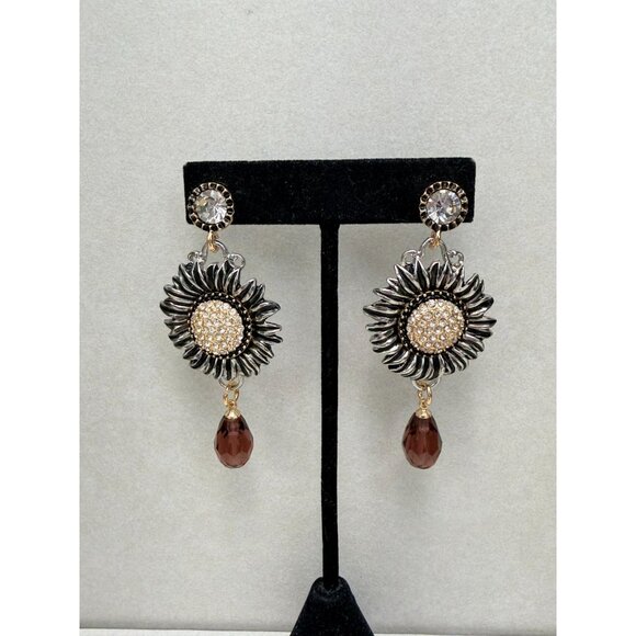 ZARA Sunflower Rhinestone Drop Earrings Burgundy Crystal NWOT - Picture 2 of 7